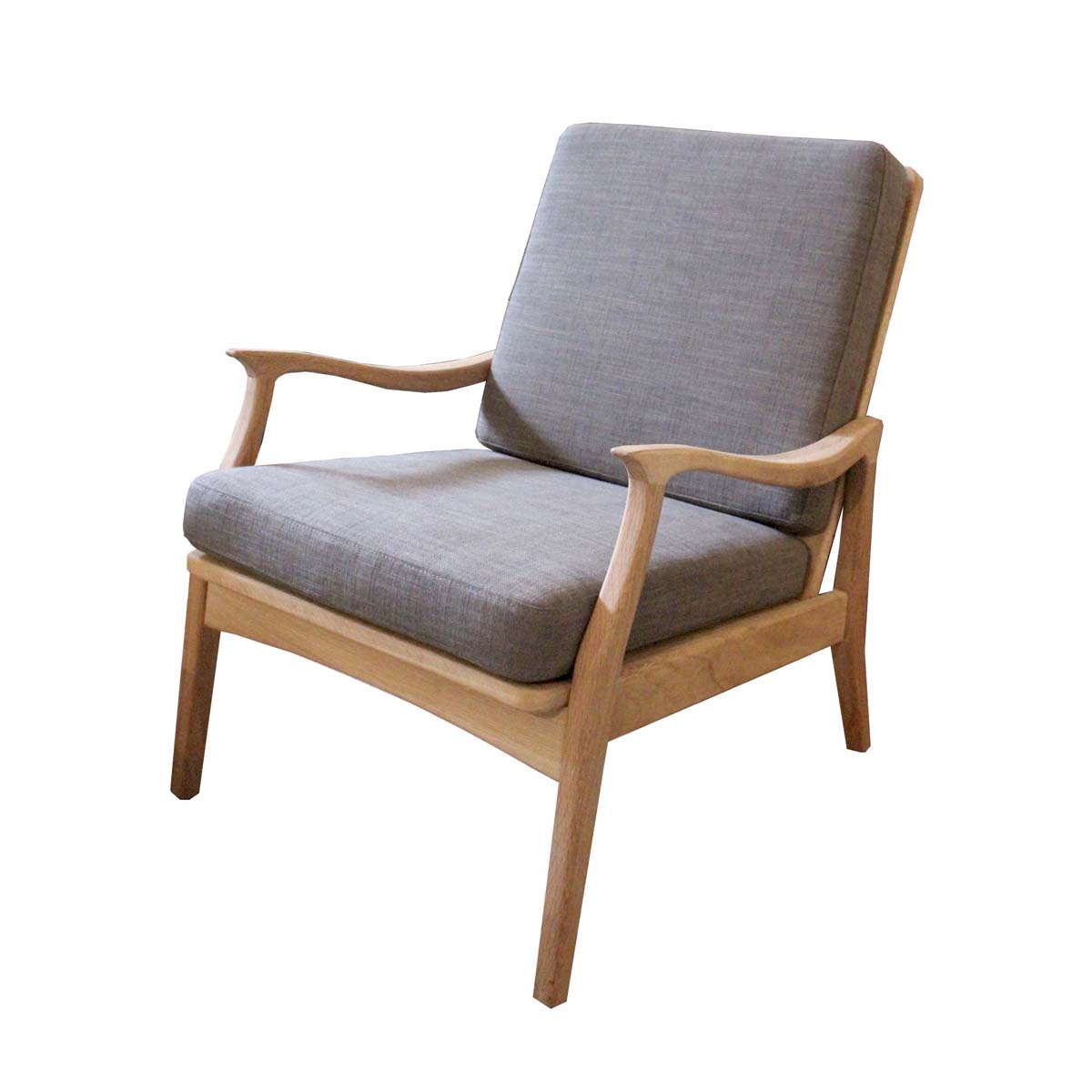 Scandinavian style chair with upholstered loose cushions on oak frame